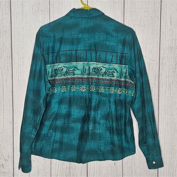 Vintage Panhandle Slim Green Wagon Horse Western Button Down, size Large - Picture 4 of 6